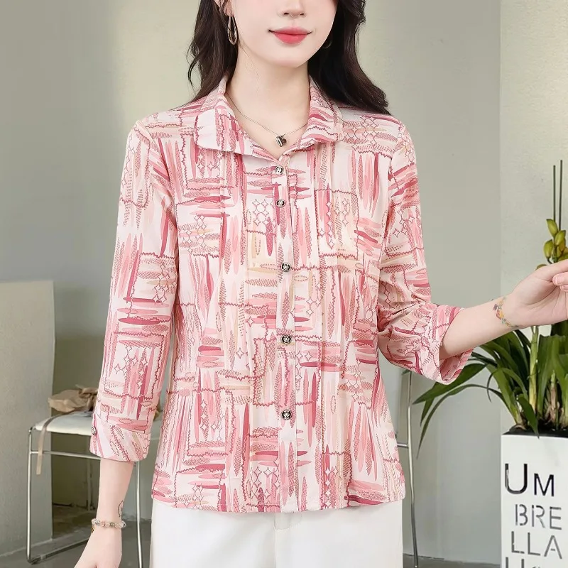 

Women's Pink Geometric Print Three Quarter Sleeve Shirt Casual Breathable Blouse