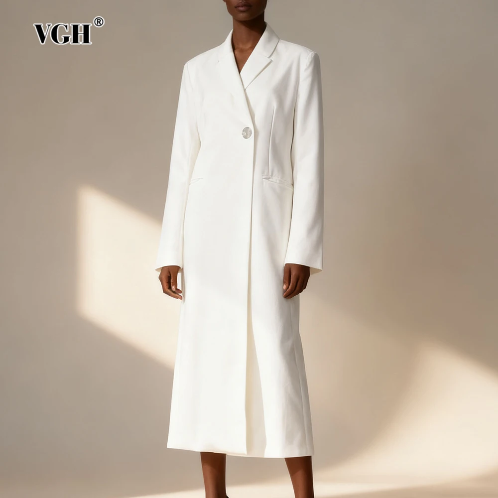 

VGH Slimming Spliced Button Casual Solid Coats For Women Lapel Long Sleeve Autumn Temperament Commute Trench Coat Female Style