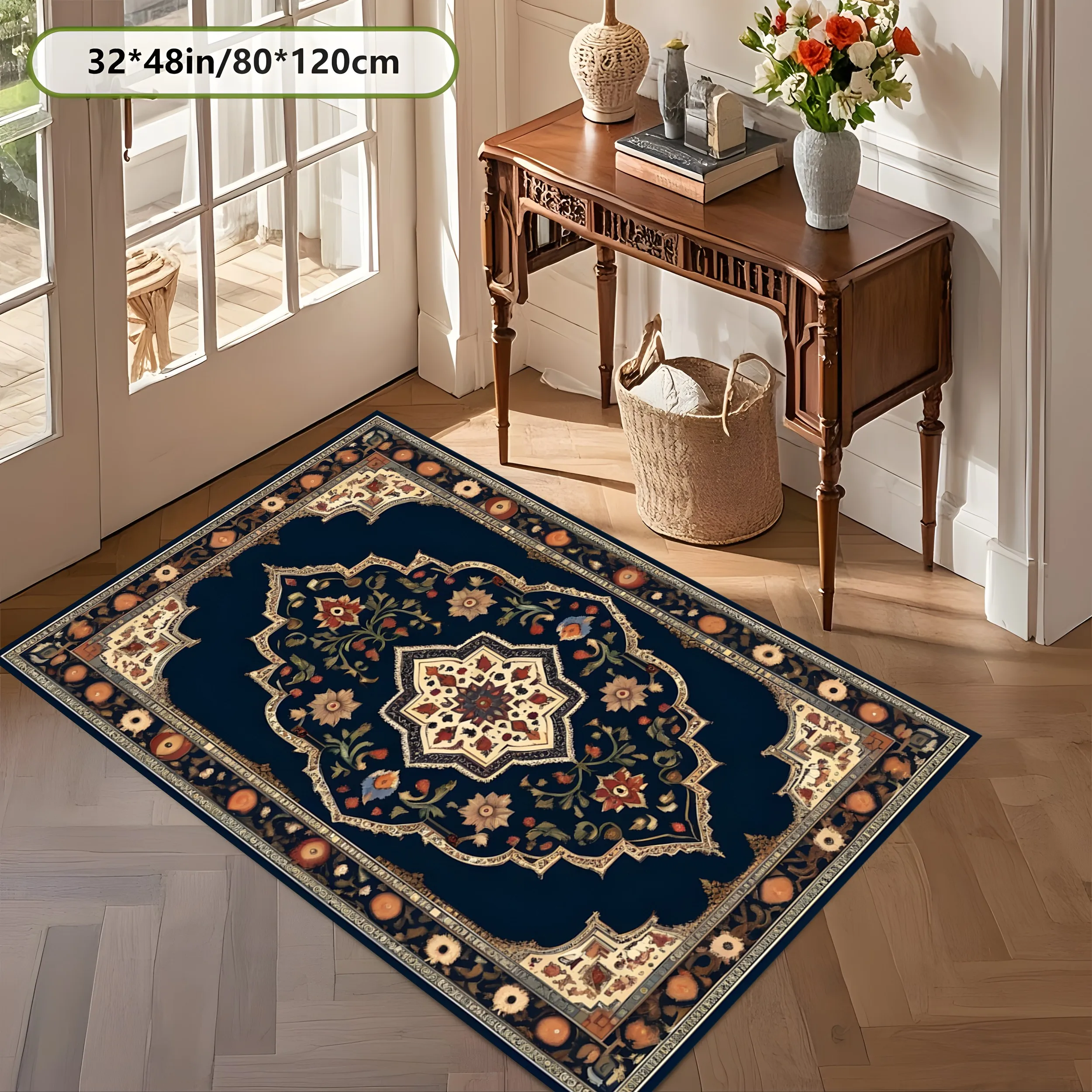2D Large Rug with Retro Persian Star Flower and Intertwined Branch Pattern, a Light Luxury Exotic Style, Instantly Refreshes the Autumn and Winter Decor for the Living Room, Bedroom, and Coffee Table Area