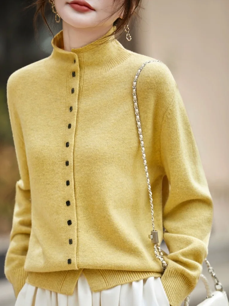 Outlet Old Money Sle f Cárdigan abierto de punto con cuello alto suéter de lana ajustado Jaet suave cálido largo Sve Faion para mujer