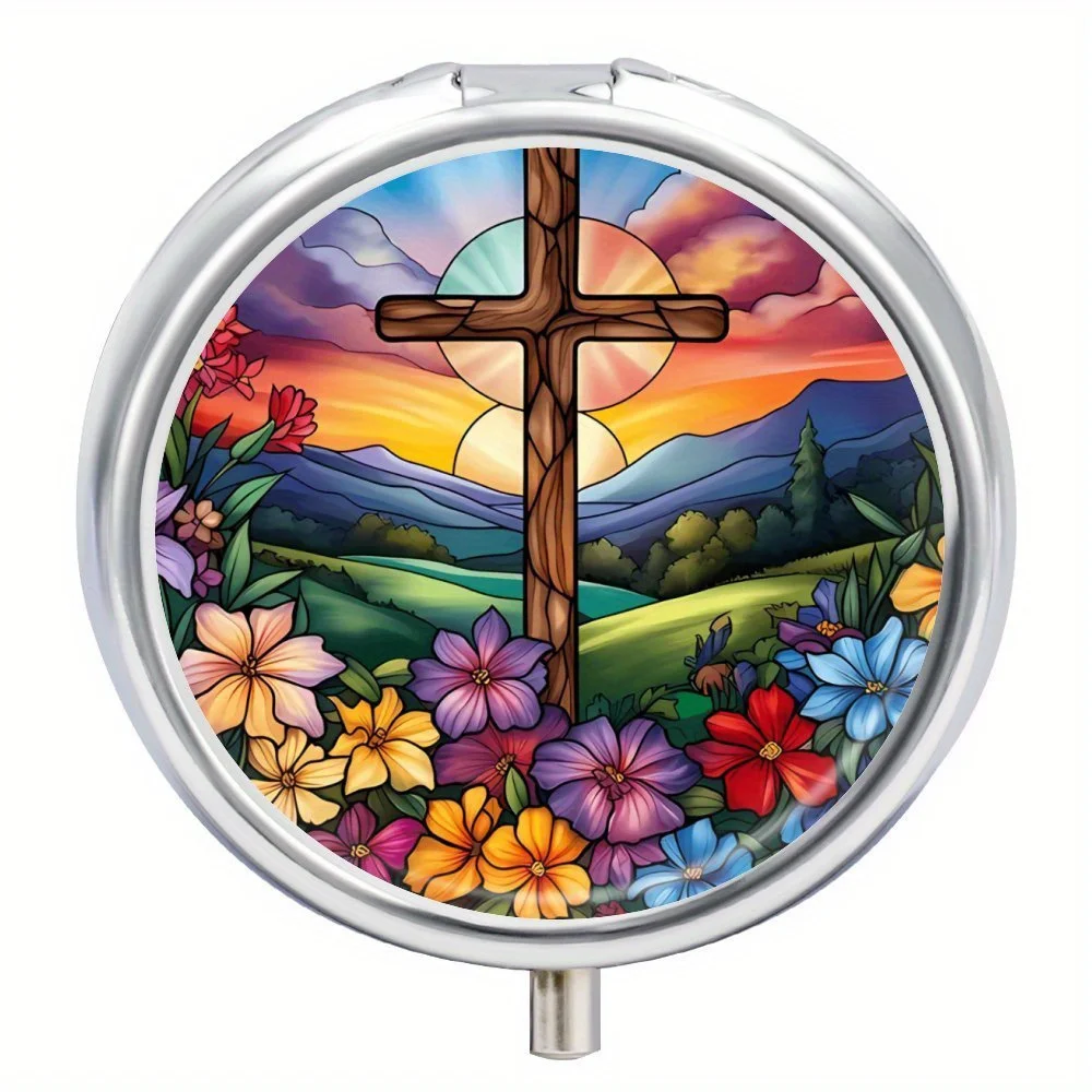 

Stained Glass Style Cross Pill Organizer,2-Compartment Portable Religious Medicine Case,Compact Vitamin Holder for Pocket Purse