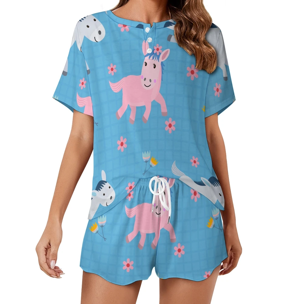 Donkey Pattern Women's 2-Piece Button Down Short Sleeve Button Front Sleepwear Loungewear PJ Set Summer Home Suit image 3