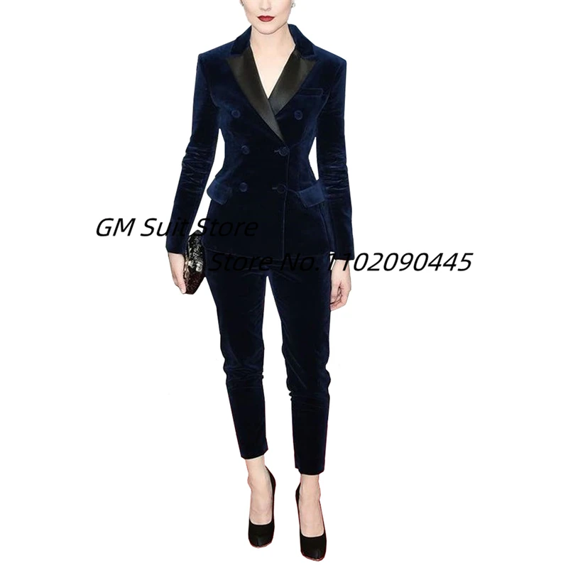 Women's 2 Piece Suit Velvet Outfits Double Breasted Peaked Lapel Prom Bride Wedding Blazer Jacket Pants