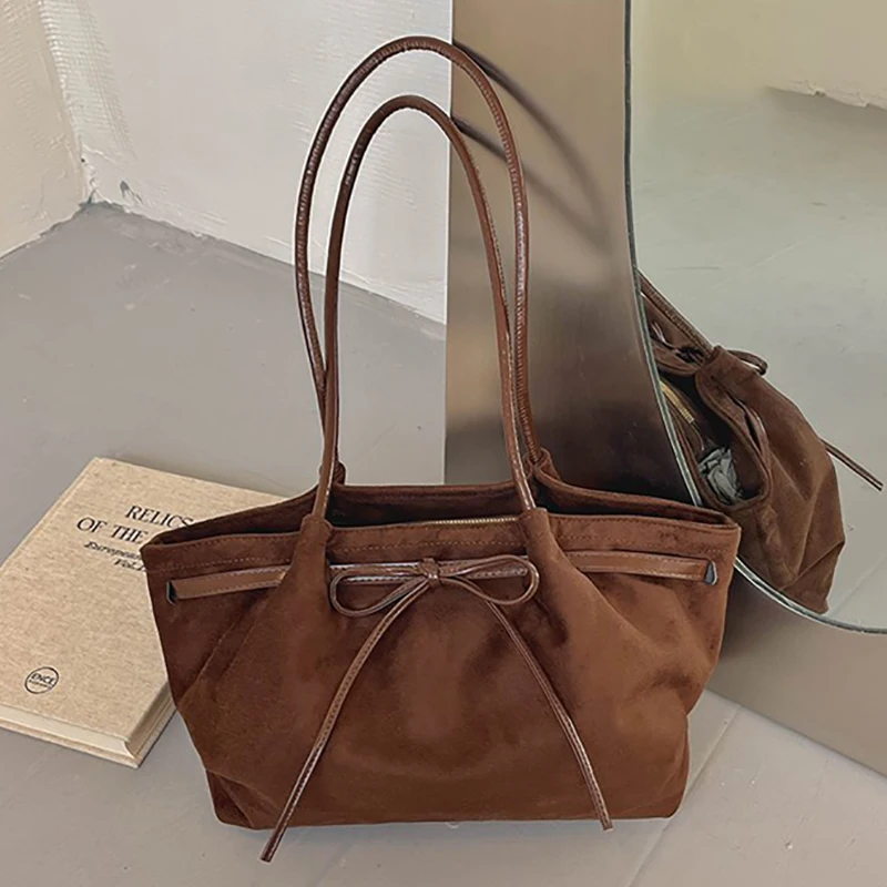 Women Vintage Suede Tote Bag Bowknot Design Large Capacity Commuter Shoulder Handbag for Work Daily Travel