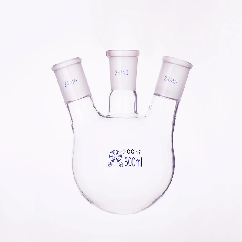 

Колба с тремя горлышками и наклонной формой, со стандартным заземляющим горлышком с тремя горлышками, объем 500 мл, средний шарнир 24/40, боковой шарнир 24/40