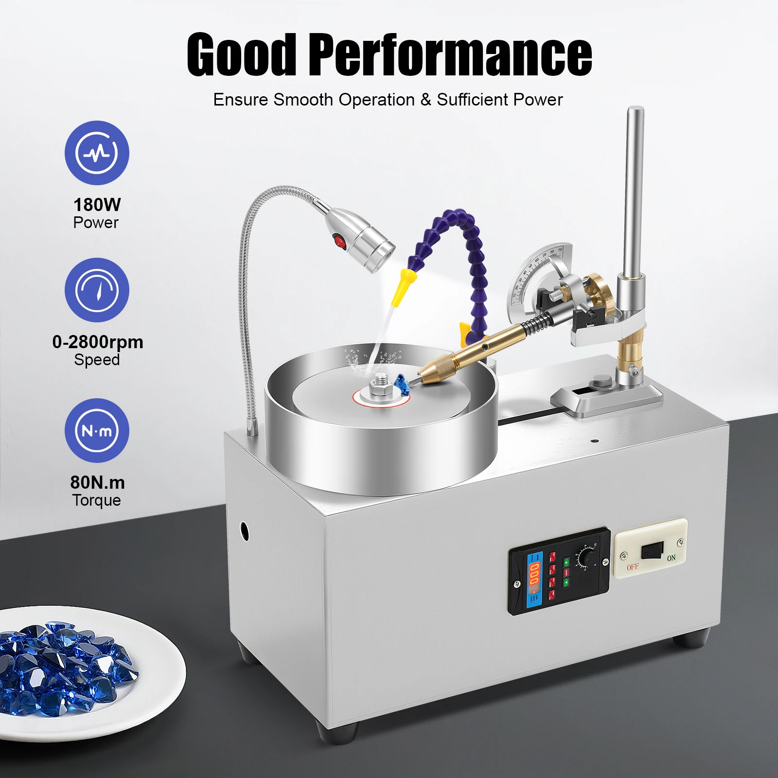 

Gem Faceting Machine 180W 0-2800rpm Jade Grinding Polisher w/Angle/Height Adjustment & 3W LED Light for Gem/Crystal