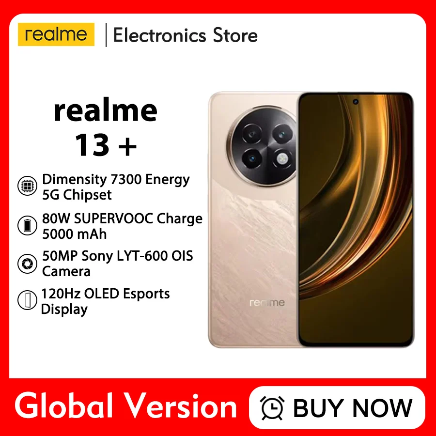 realme 13 Plus 5G Smartphone Dimensity 7300 Energy Chipset 80W Charge 5000mAh Battery 50MP Sony OIS Camera NFC