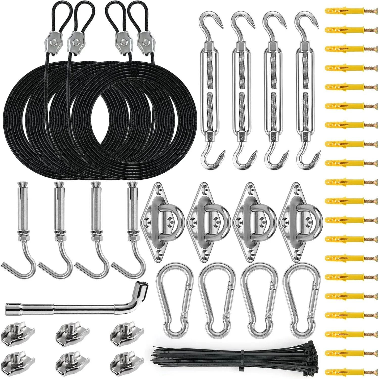 Sun Shade Sail Hardware Kit with 4pcs 10ft Length Extension Nylon Wire Rope Triangle Rectangle Shade Canopy 304 Stainless Steel