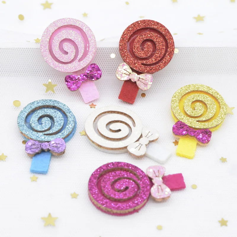 12Pcs 30*45mm Padded Glitter Fabric Sweet Lollipop Applique for DIY Headwear Girl Hair Clips Hoop Bow Handmade Decor Patches