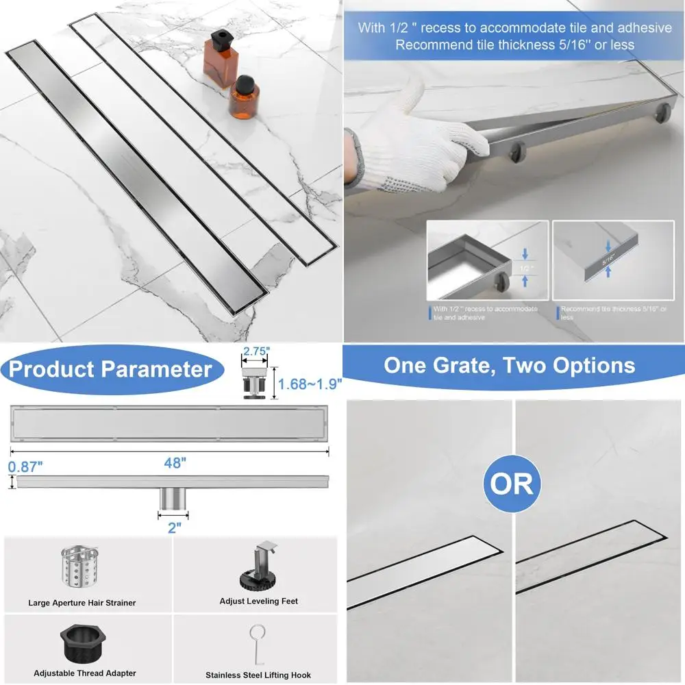 

Stainless Steel 48-Inch Linear Shower Drain with Tile Insert Grate, Brushed Nickel Finish, Rectangle Long Shower Floor Drain