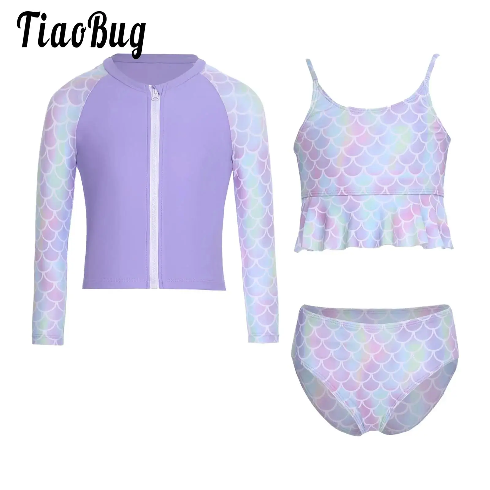 

Kid Girls Rash Guard Set 3 Pieces Swimsuit Mermaid Fish Scales Print Vest Coat and Swim Briefs Summer Beach Bathing Surfing Suit