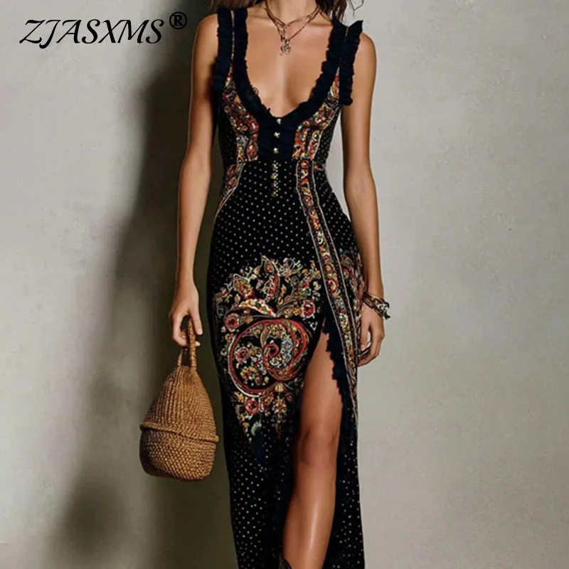 Sommer Damen Boho Maxikleid Sexy Tiefer V-Ausschnitt Ärmellos Hoher Schlitz Langes Kleid Frühling Vintage Muster Print Party Urlaubskleid