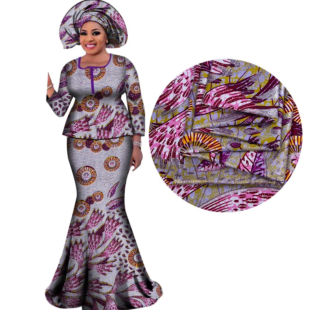 Gild Women African Outfits with Headscarf Bazin Riche African Print Blouse and Long Skirts Bronzing Women Suits Clothes WY3109