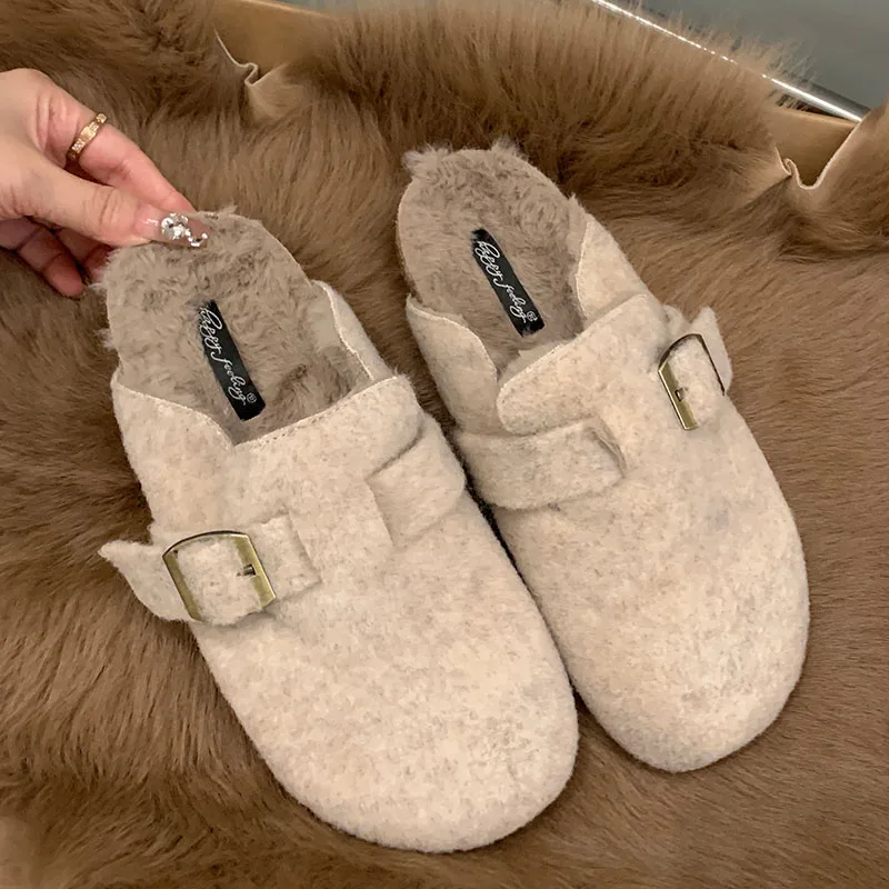 2024 Winter Women Slippers Fashion Fur Round Toe Furry Fashion Narrow Band Casual Outdoor Slipper Flat Heel Chaussures Femme New