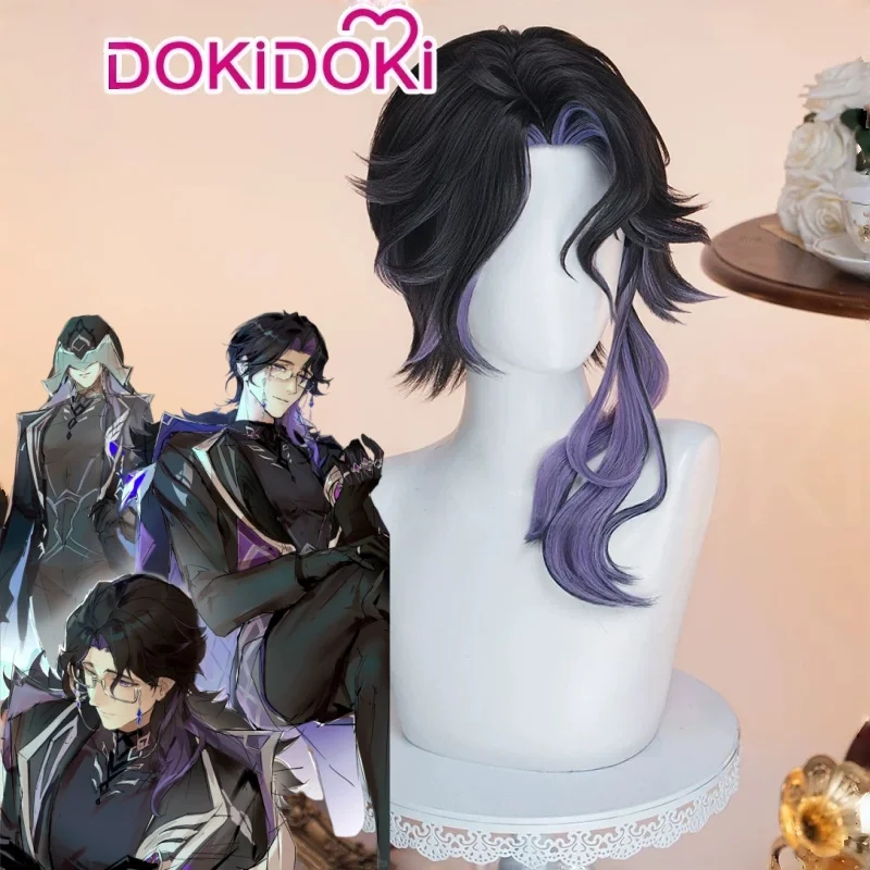 Pantalone Genshin Impact Dokidoki Cosplay-Perücke, doppelt lila, schwarz, langes, lockiges, hitzebeständiges Kunsthaar für Erwachsene, Cosplay