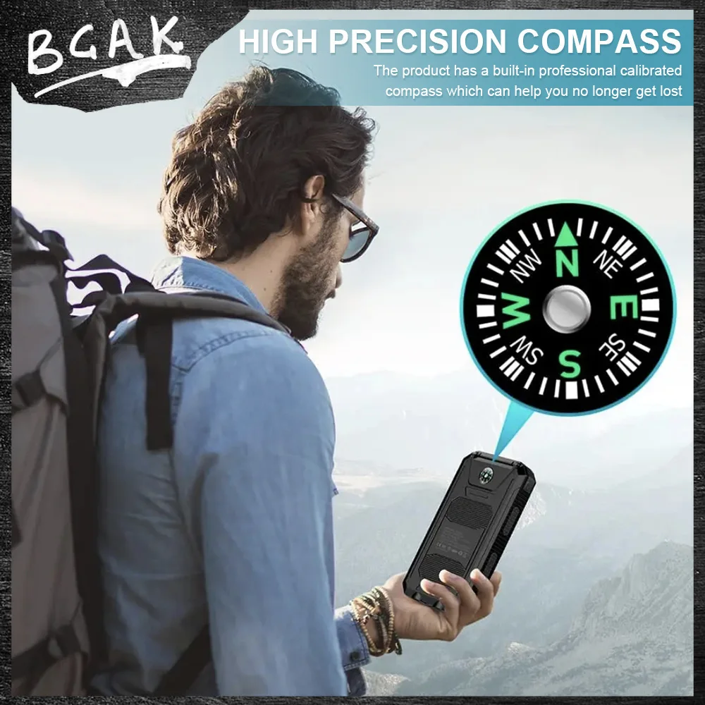 Real Capacity 200000mAh Large Capacity Solar Power Bank New Portable With Lanyard Compass External Battery Outdoor Camping Char