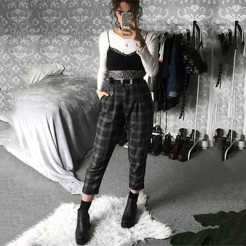 Cool Girl High Waist Trousers Harem Sweatpants Joggers Plaid Pants Female Streetwear Women Sport Pants Korean Harajuku Casual