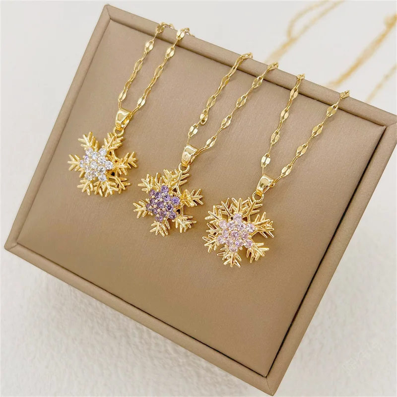 Unique Titanium Steel Necklace with Rotating Snowflake Pendant Collarbone Chain with Sparkling Zircon Stone for Women