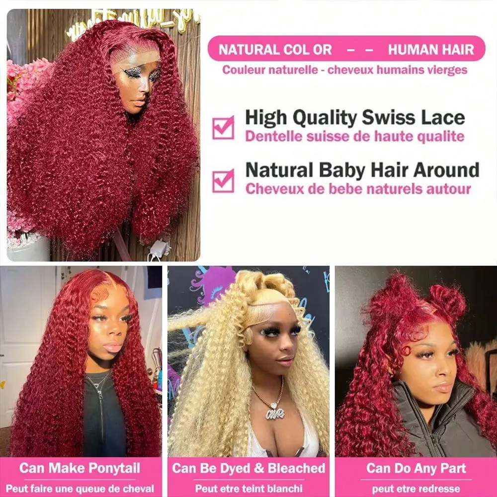 Perruque Lace Front Wig naturelle bouclée, cheveux humains, Deep Wave, bordeaux 99j, 13x4, couleur 99J, densité 250%, pour femmes