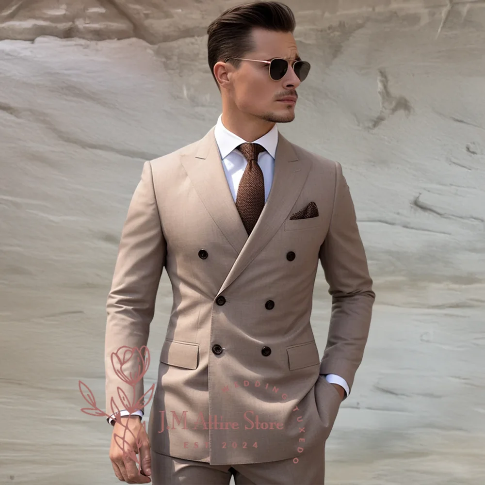 

Classic Light Brown Suit for Men 2pcs Double Breasted Jacket Pants Premium Tailored Set for Wedding Groomen Dinner Ball Party
