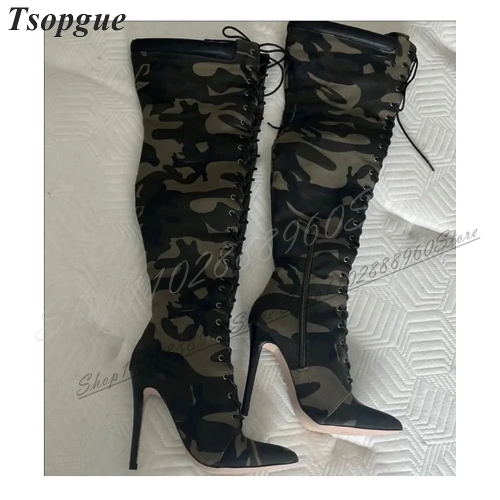 

Knee High Cross Tied Camouflage Color Boots Thin High Heel Women Shoes Side Zipper Pointed Toe 2024 Fashion Zapatos Para Mujere