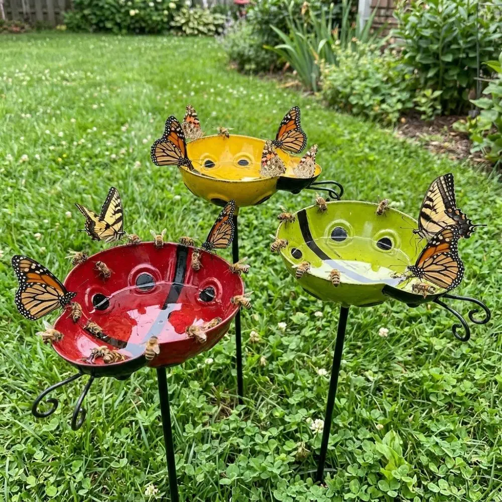 Handcrafted Bee Watering Station Iron Art Ground Insert Bird Bath Stake Rust-resistant Water Dispenser Butterfly Bee Mixer