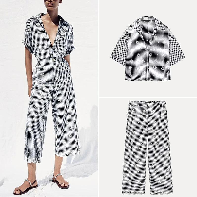 

Новинка лета 2024, женские брюки в клетку с вышивкой Faion и широкие брюки с небольшим узором, полиэфирное волокно ort Sve PO...