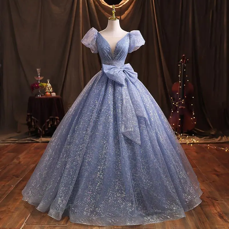 

Blue Evening Dress Women's Tulle Big Bow High Waist Dreamy Gorgeous Princess Dresses Elegant Banquet Performance Dress 2024 New