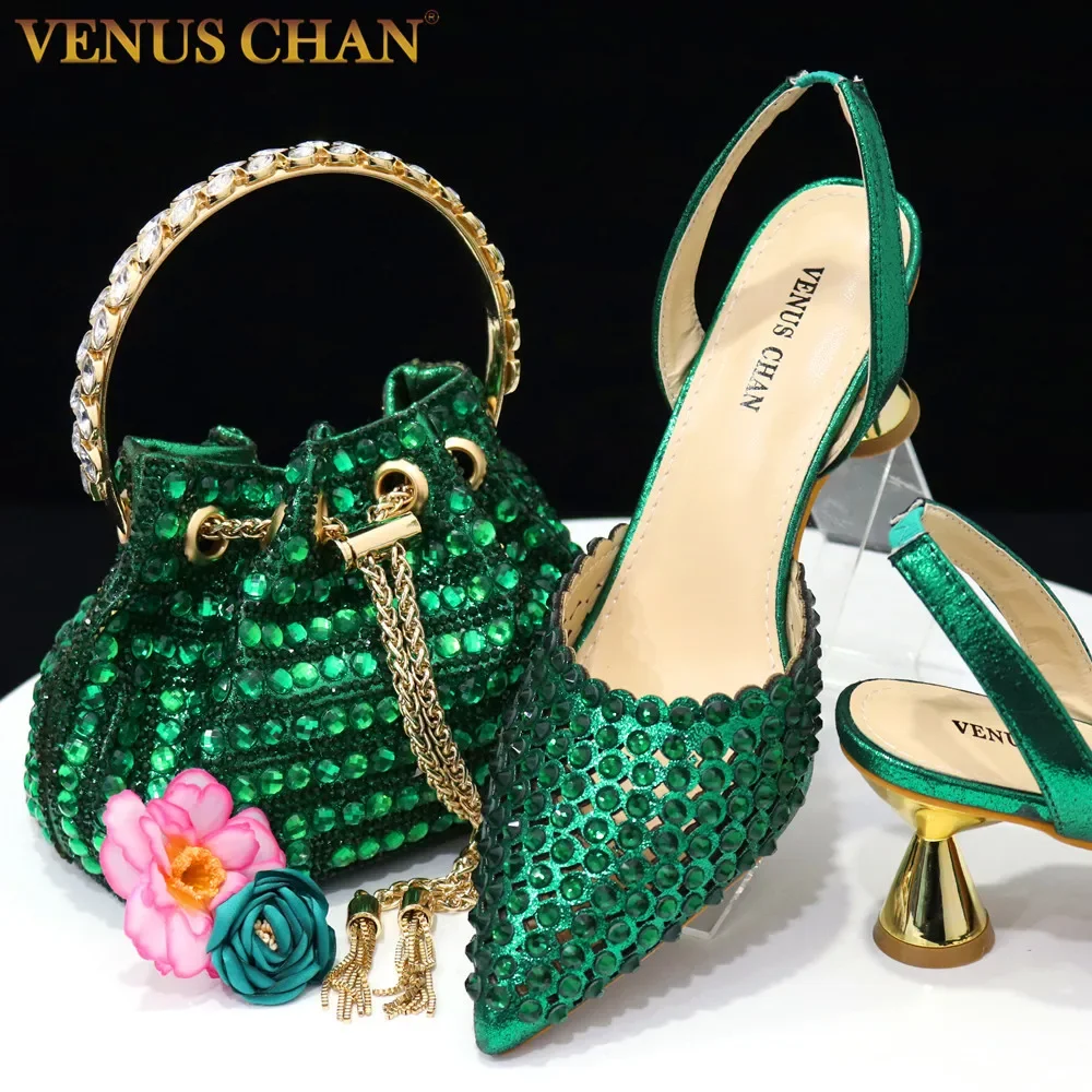 Venus Chan High Heels für Damen 2023, Luxus-Designer, grüne Farbe, voller Diamanten, spitzer Zehenbereich, Hochzeitsschuh und Taschenset für Party