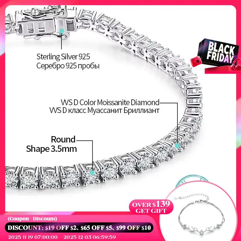 ATTAGEMS 4.0mm 5.0mm D Color Pass Diamond Tester GRC Round Cut White Gold Plated 925 Silver Moissanite Tennis Bracelet for Women