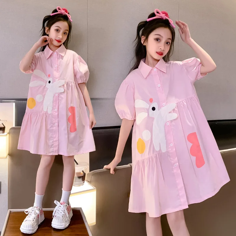 

teenage girls shirt Dress Korean children kids clothes chiffon A-line dress buttons up rabbit vestidos dresses 6 to 16 years