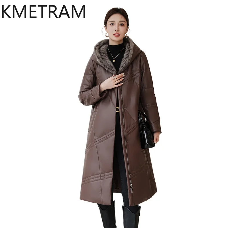 100% pele de carneiro para baixo casacos femininos de couro genuíno longo puffer jaqueta com chapéu de pele de vison 2025 roupas de inverno mulher Пухоiyahaк Ж misce