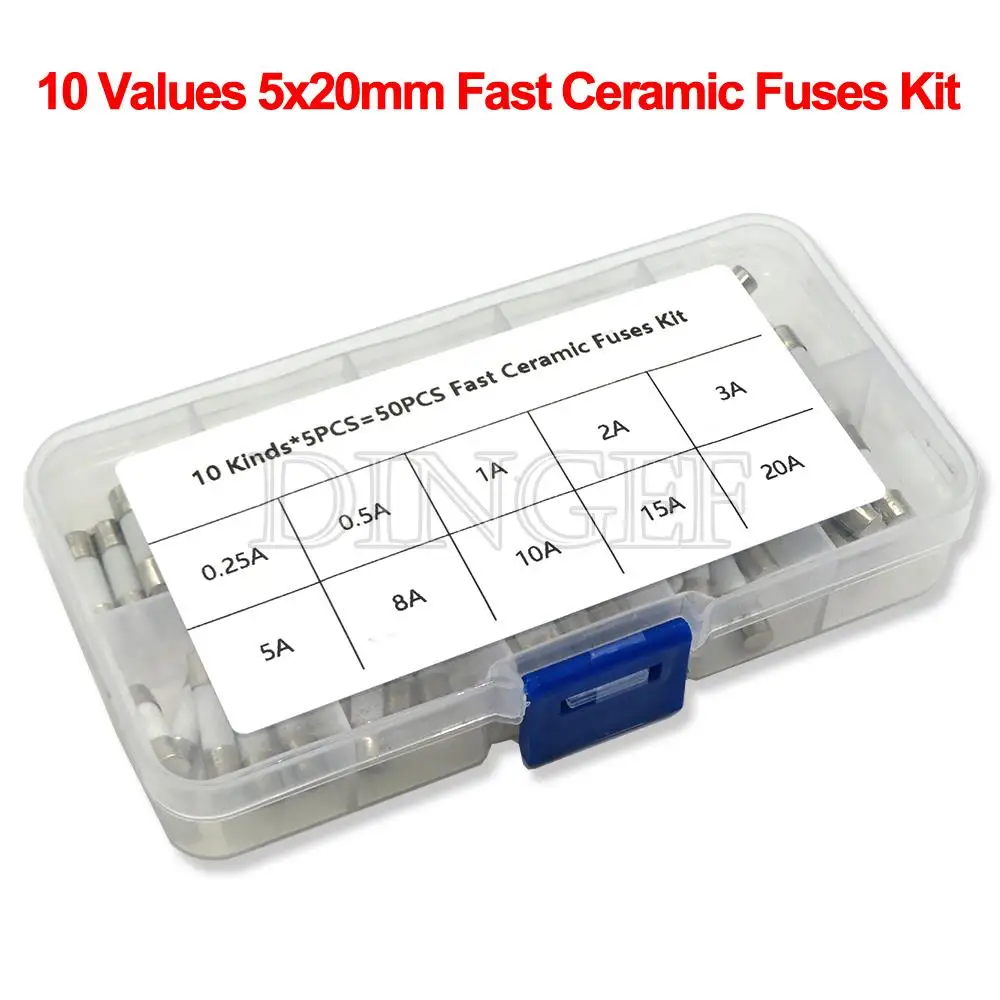 50PCS 10 Kinds Fast Ceramic Fuses Kit 250V 5mm x 20mm 0.25A 0.5A 1A 2A 3A 5A 8A 10A 15A 20 AMP Fuse Tube Assortment ibuw