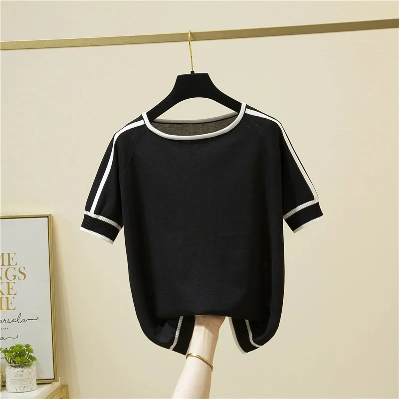 Summer Short Sleeve Tops Casual Thin Knitted T-Shirt Camisetas Mujer Elegant Woman Clothes Striped Fashion Tee Shirt Femme 18841