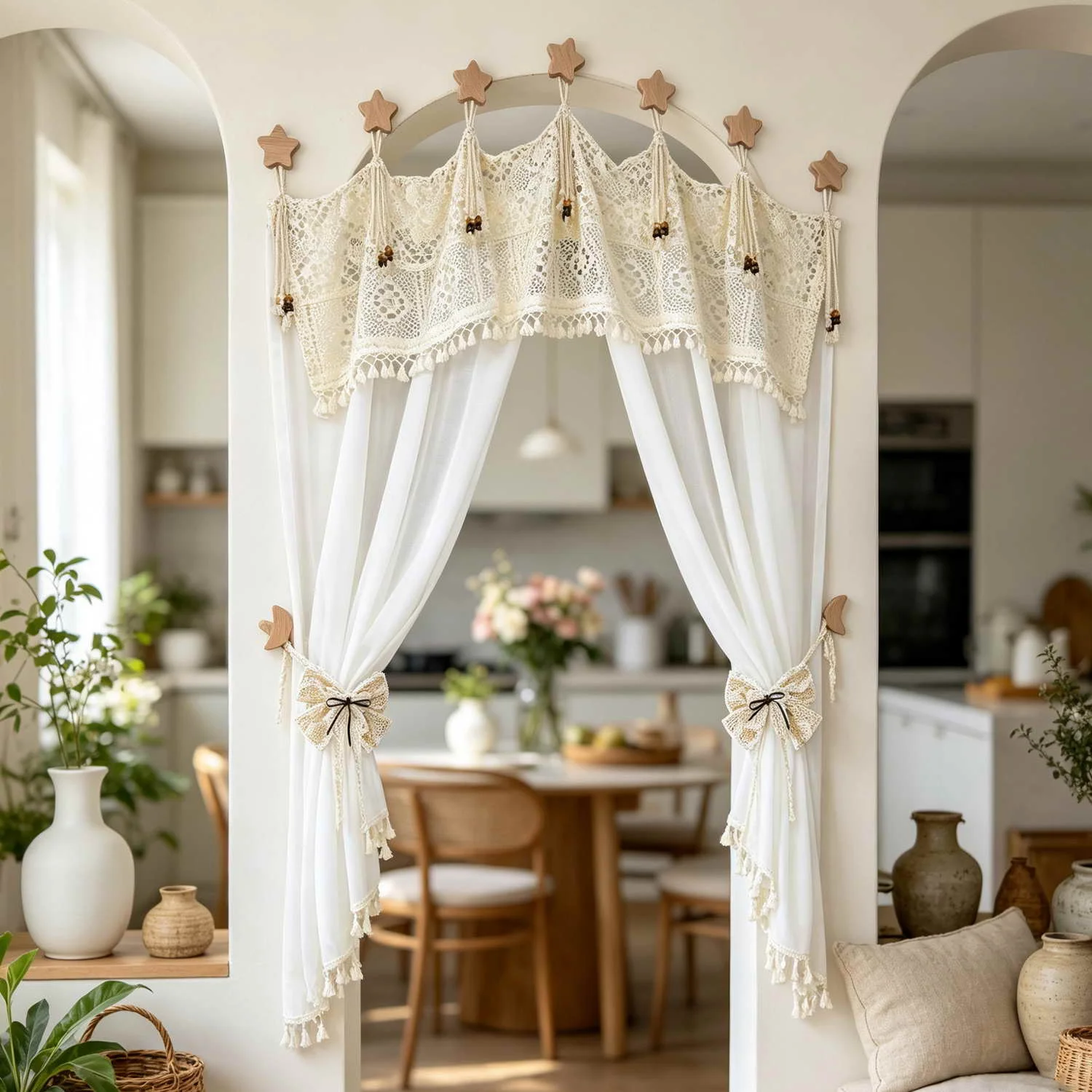 1PC Pastoral Crochet Lace Stitching White Sheer Curtain, Tab Top, Valance Tassel Decoration for Living Room, Kitchen Partition