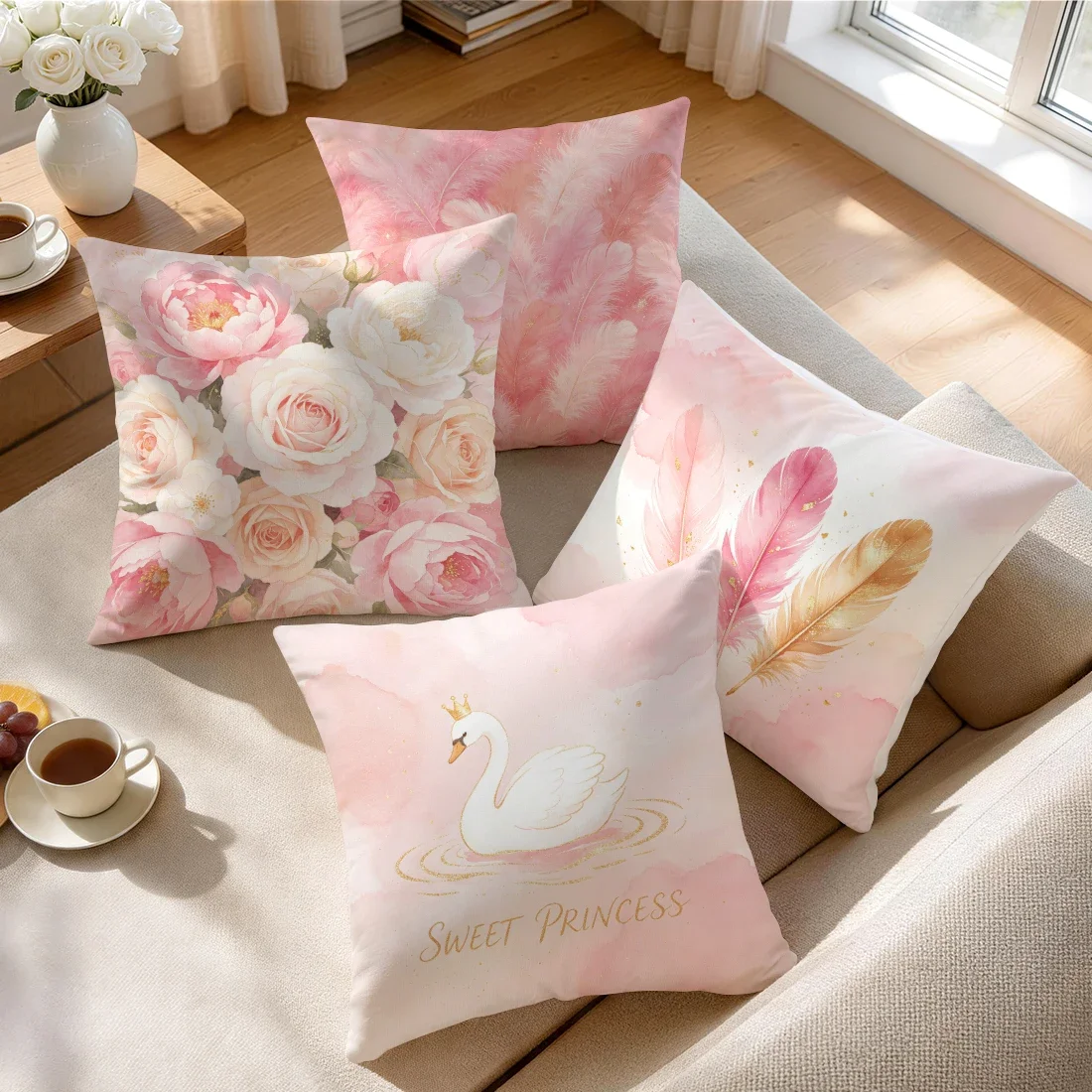 1/4pcs Pink Gold Swan Feather Cushions Pillowcase Polyester Cushion Cover Throw Pillow Pillowcover Home Car Sofa Decor
