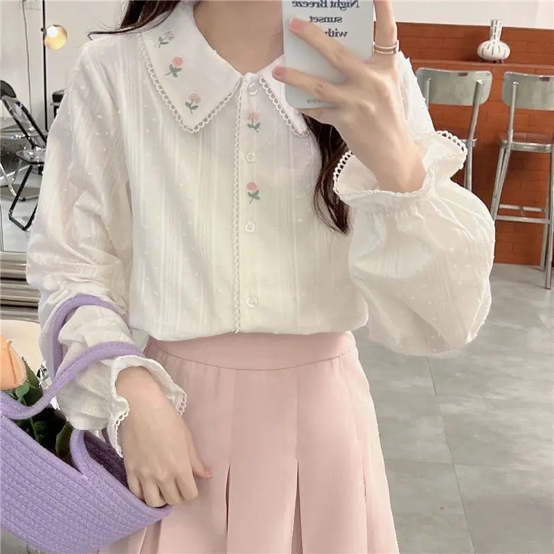 Sweet Lolita Cotton Blouses Women Peter Pan Collar Floral Rose Embroidery Lace Neck Cute Shirts Tops Long Sleeve Kawaii Clothes