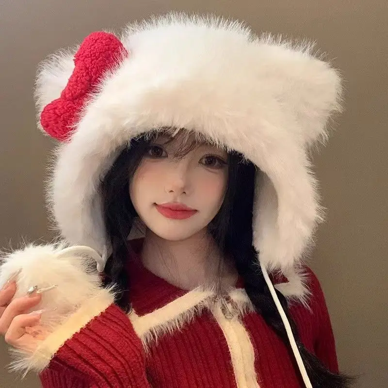 1 pc Sweet woman girls Cute Red Bow Plush Bonnet Women Autumn and Winter Thick Warm ear protection Earflaps Beanie Caps