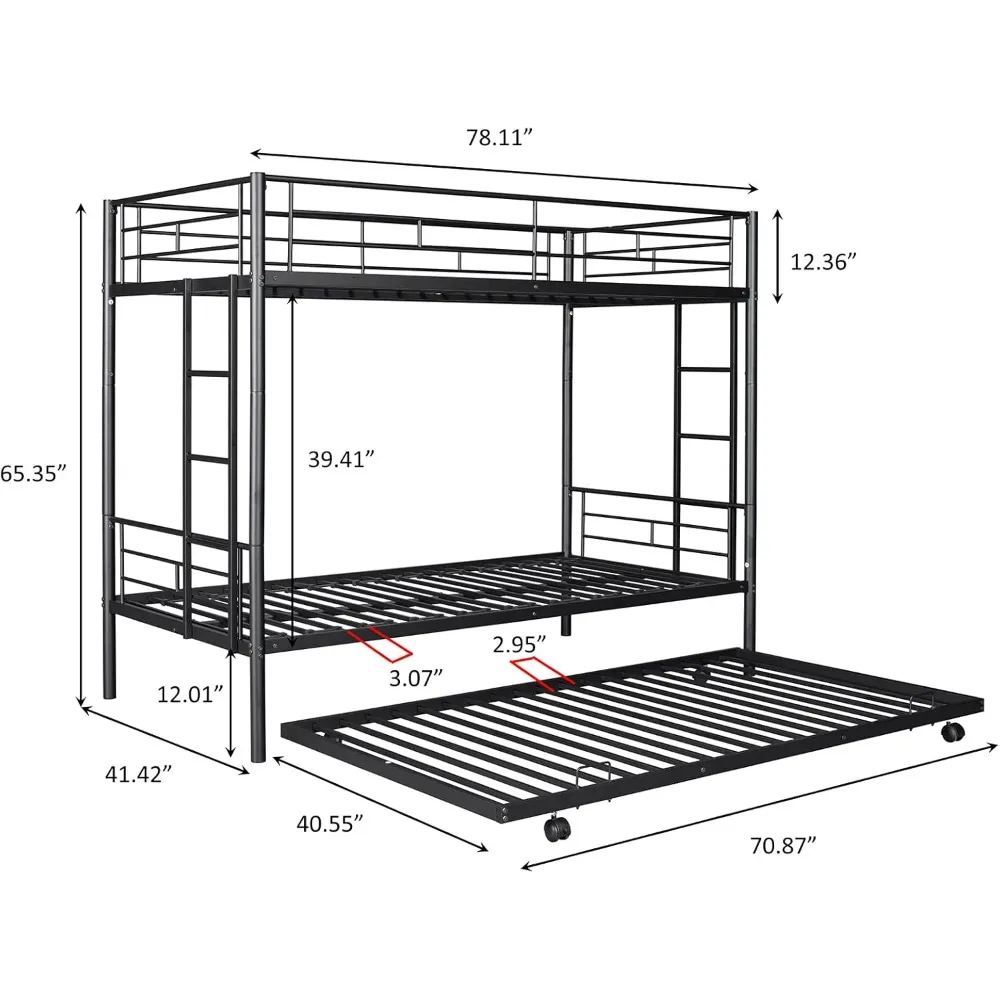 CALABASH Twin Over Twin Metal Bunk Bed with Trundle Heavy Duty Twin Size Bunk Beds Frame with 2 Side Ladders