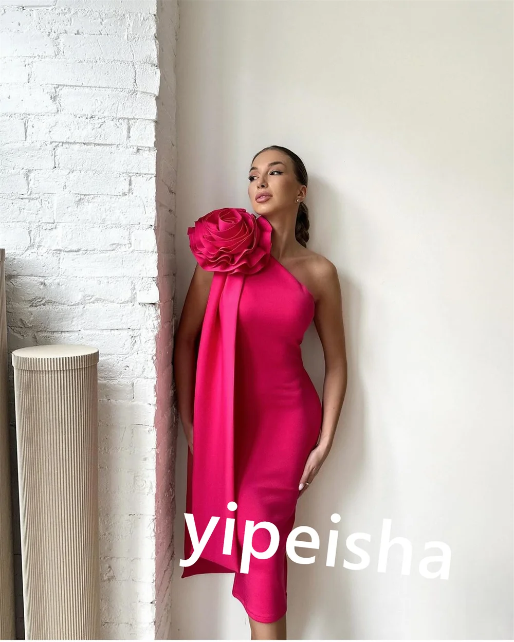 Jersey Flower Celebrity Sheath One-shoulder Bespoke Occasion Gown Midi Dresses