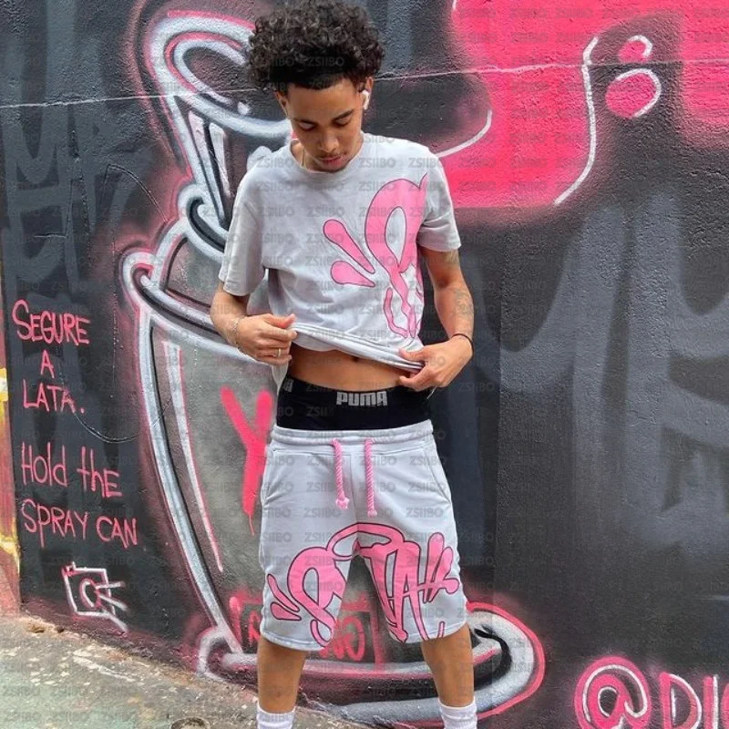 

Street Sle American Letter Print ort Sve T-irt Loose Fit Summer Sportswear Set Hip Hop Trendy round Ne ort Length