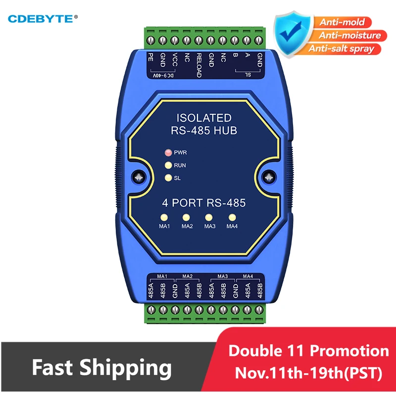 

RS485 Hub Industrial Grade 4-way RS485 to 1-way RS485 DC 8~28V CDEBYTE E810-R41 Optical Isolation Cached RS485 Isolated Hubs