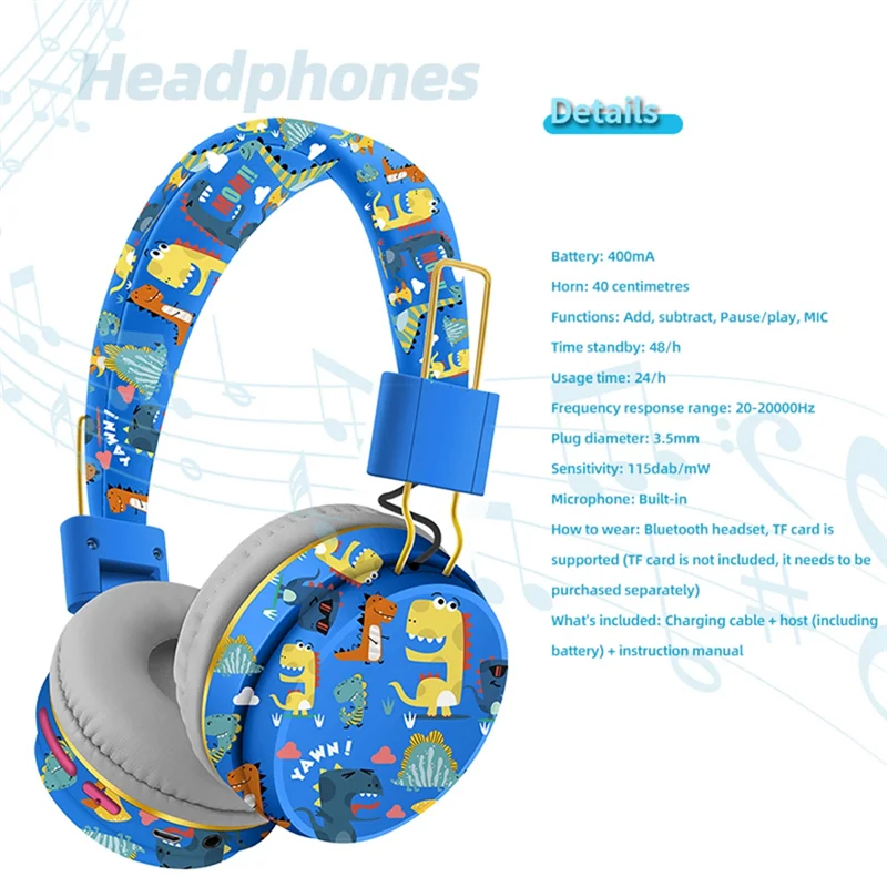 سماعة بلوتوث لاسلكية مع ميكروفون ديناصور الحيوان ستيريو الموسيقى سماعة TF بطاقة سماعات للأطفال - أزرق