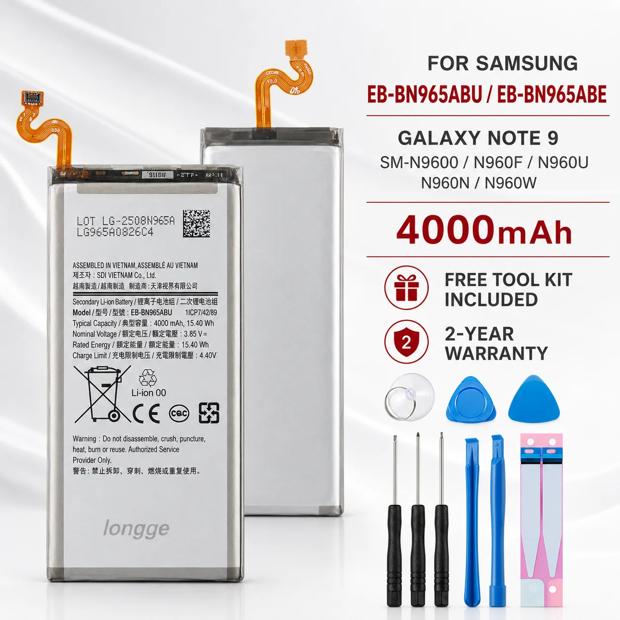 New High Capacity EB-BN965ABU EB-BN965ABE 4000mAh Battery for Samsung Galaxy Note 9 SM-N9600 N960F N960U/N960N N960W Repair Cell