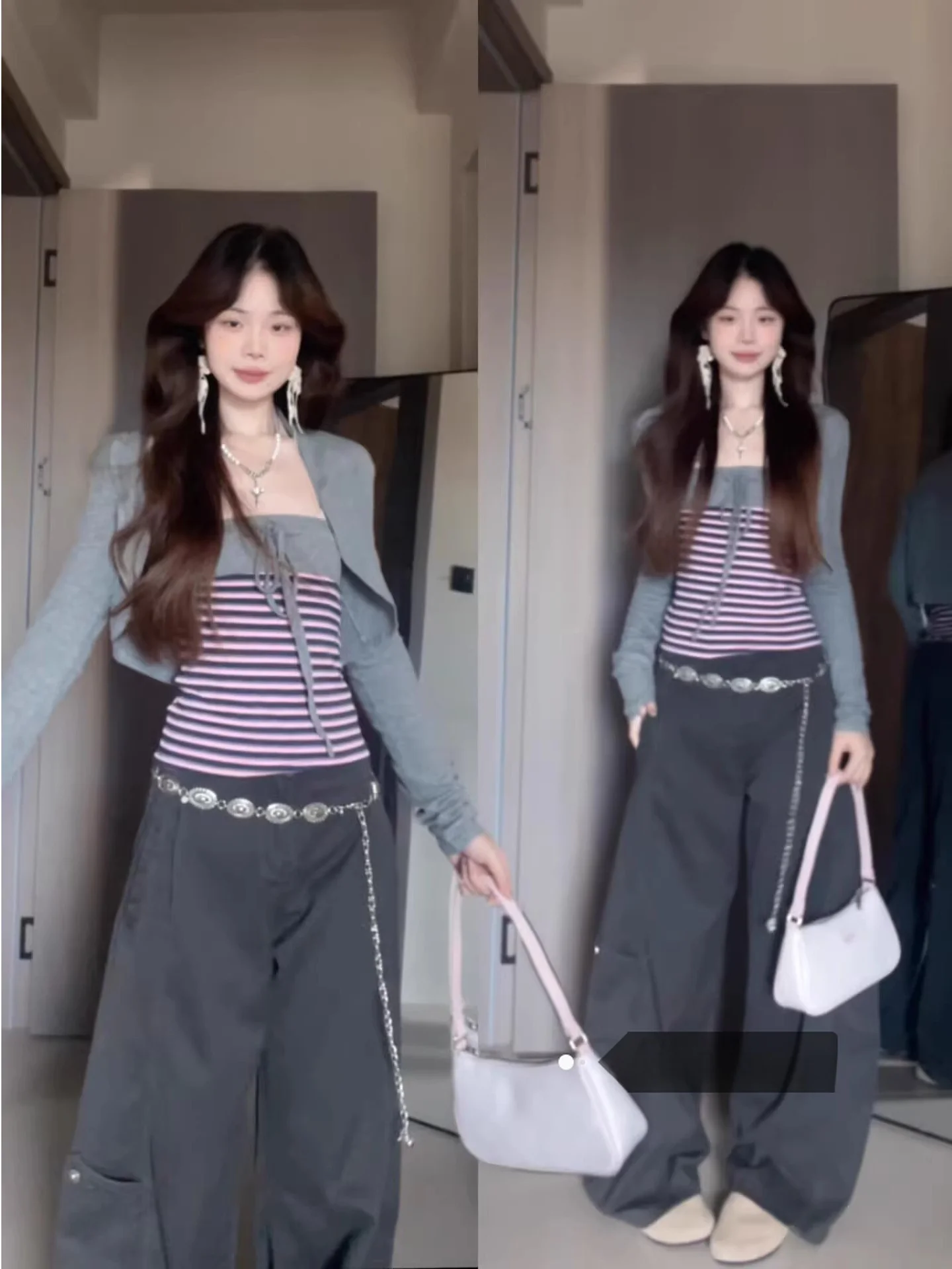 

Американский ретро-топ в полоску для женщин, на одно плечо, для ранней весны, с длинным рукавом, облегающий, вязаный, открытый кардиган