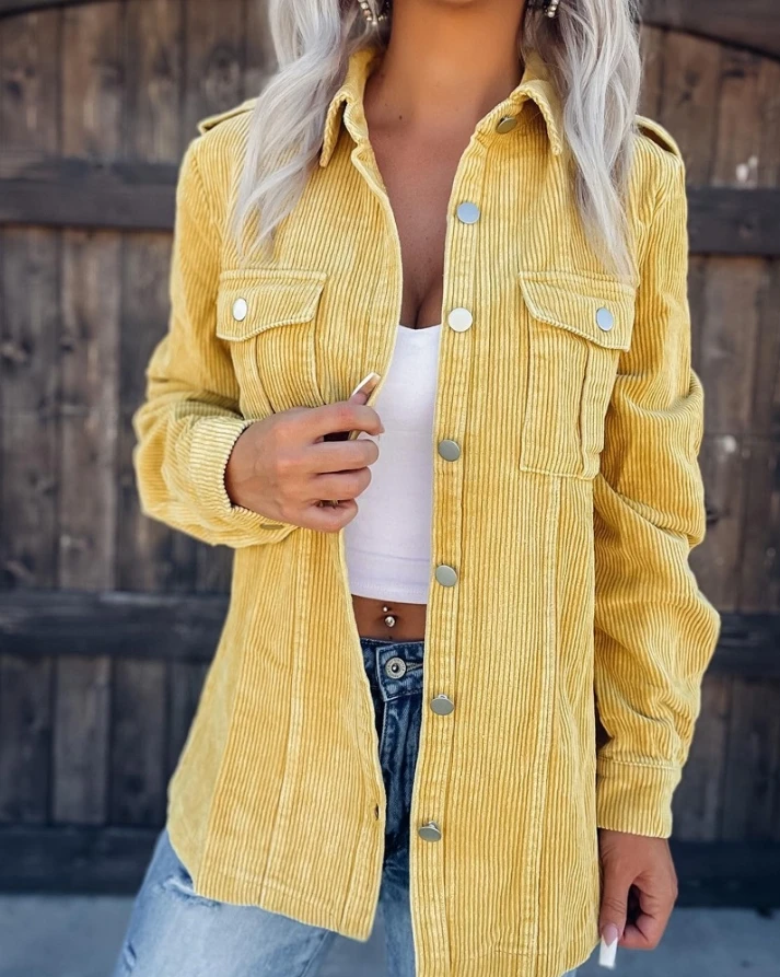 

Yellow Long Sleeved Button Pocket Design Corduroy Shirt for Women's New Solid Color Cardigan Thin Casual Fashion Jacket