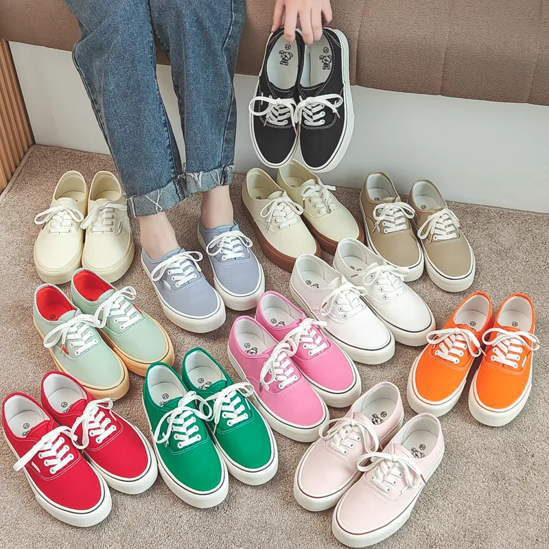 Fresh Solid Colors Women Canvas Shoes Summer Girls School Sneakers Shallow Upper Lace Up Canvas Board Shoes Green Red Sneakers