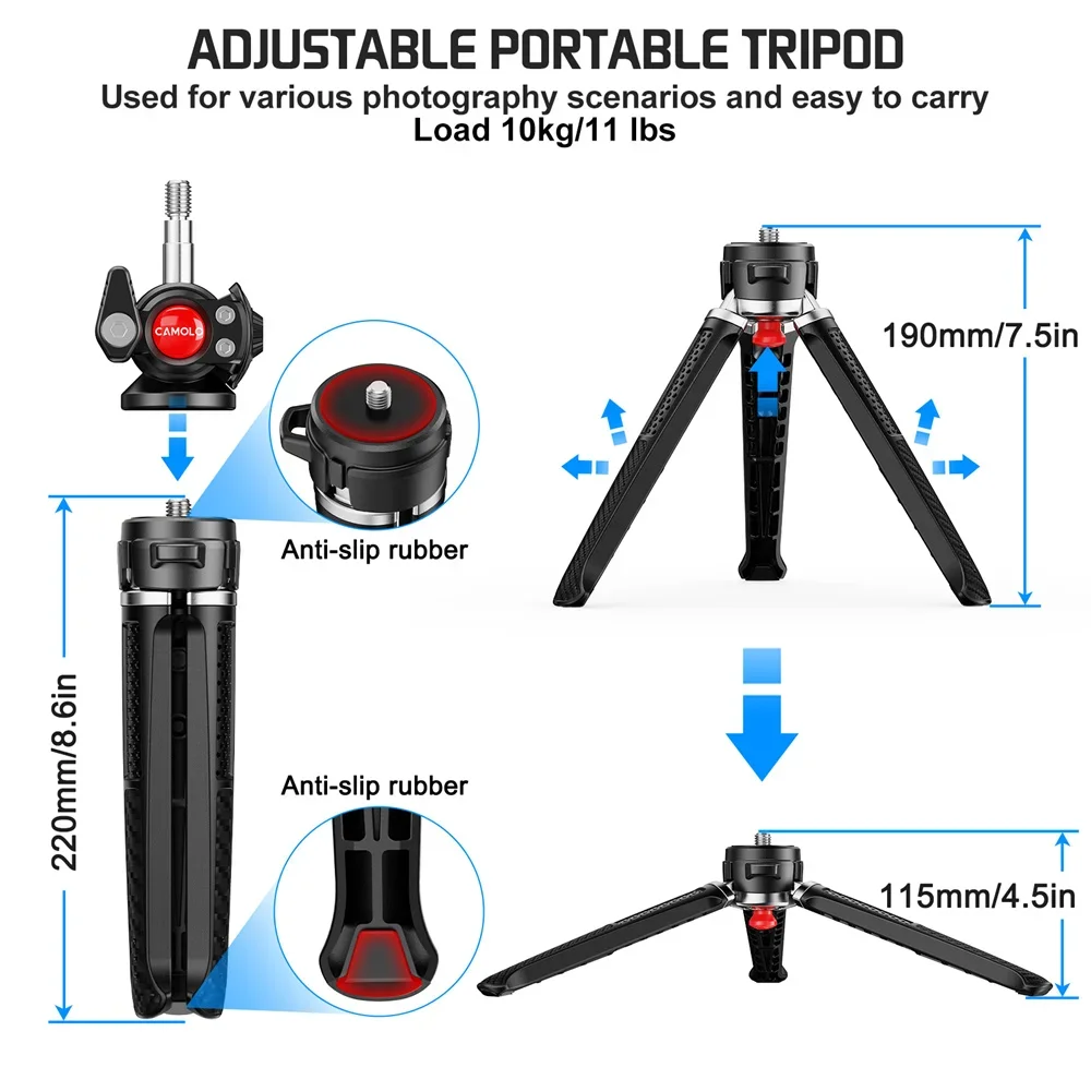 360 Rotating BallHead handheld Vlog Tripod Mini Phone Tripod w Mobile Holder for iPhone SAMSUNG Smartphone DSLR Camera Projector