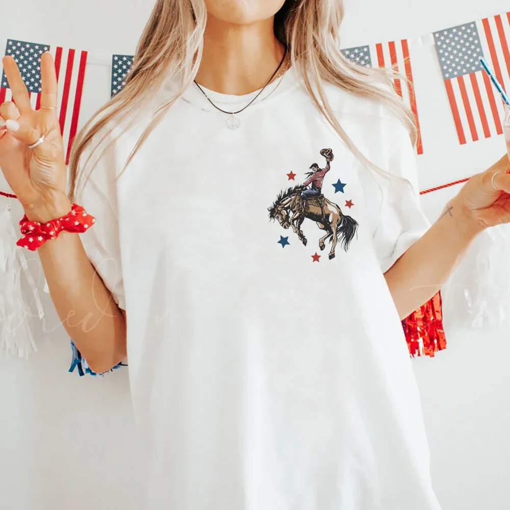 Cowboy American Flag Guitar 4th of July Guitarist USA Country Music T-Shirt Printed Round Neck Comfortable Top For Summer