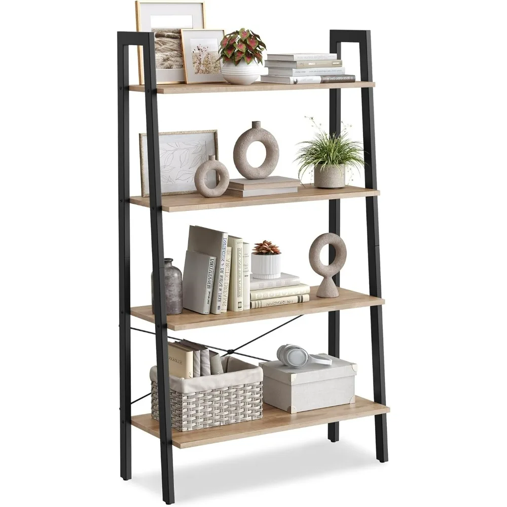 Ladder Shelf, 4-Tier Bookshelf, Storage Rack, Bookcase with Steel Frame, for Living Room,Home Office,Kitchen,Bedroom,Industrial